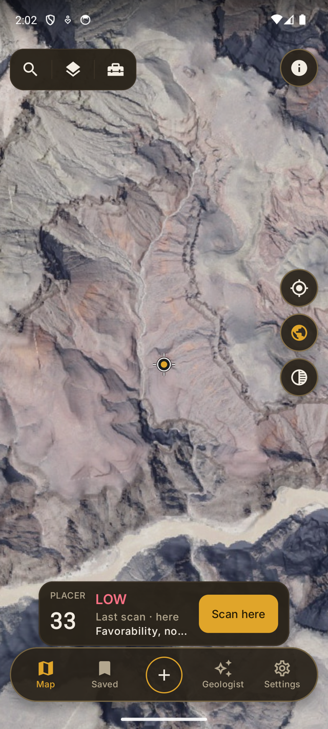 Lodeline's live map at the Grand Canyon reading "LOW · 33 out of 100" with "Favorability, not gold." — the score says no when the ground is ordinary, even somewhere famous.