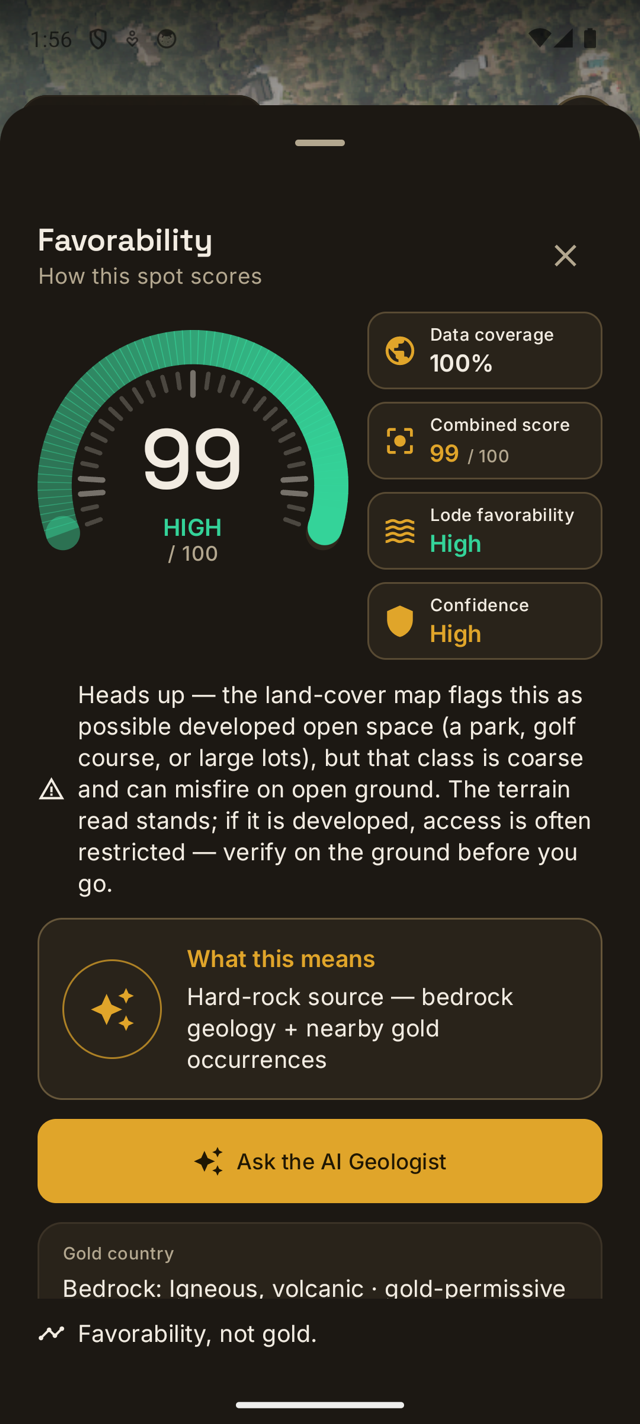 Lodeline in Lode mode: favorability sheet reading HIGH · 99 with Lode favorability, gold-permissive bedrock context, and "Favorability, not gold."