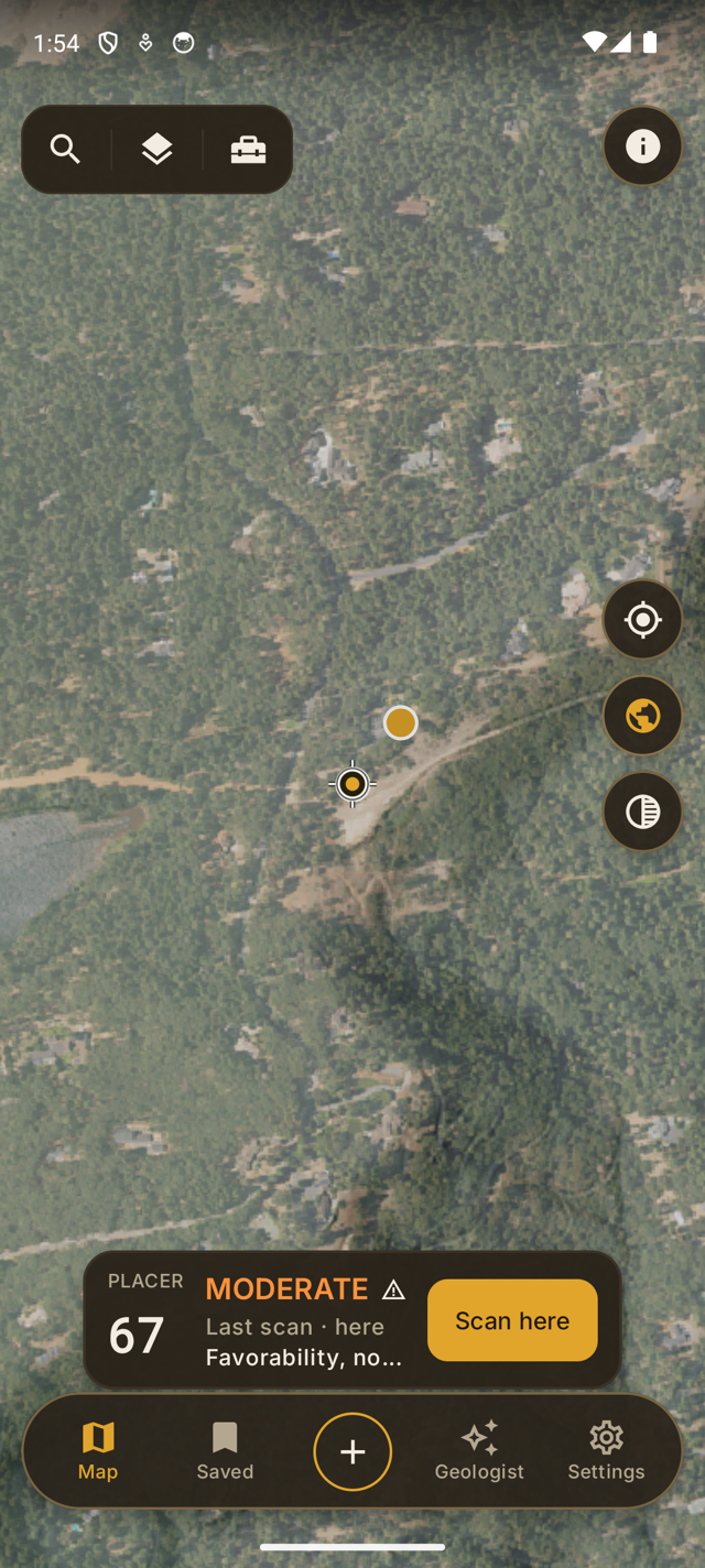 Lodeline's live map over Nevada City gold country: satellite imagery fused with USGS LiDAR terrain, a gold targeting reticle, and a score pill reading "67 MODERATE" with "Favorability, not gold."