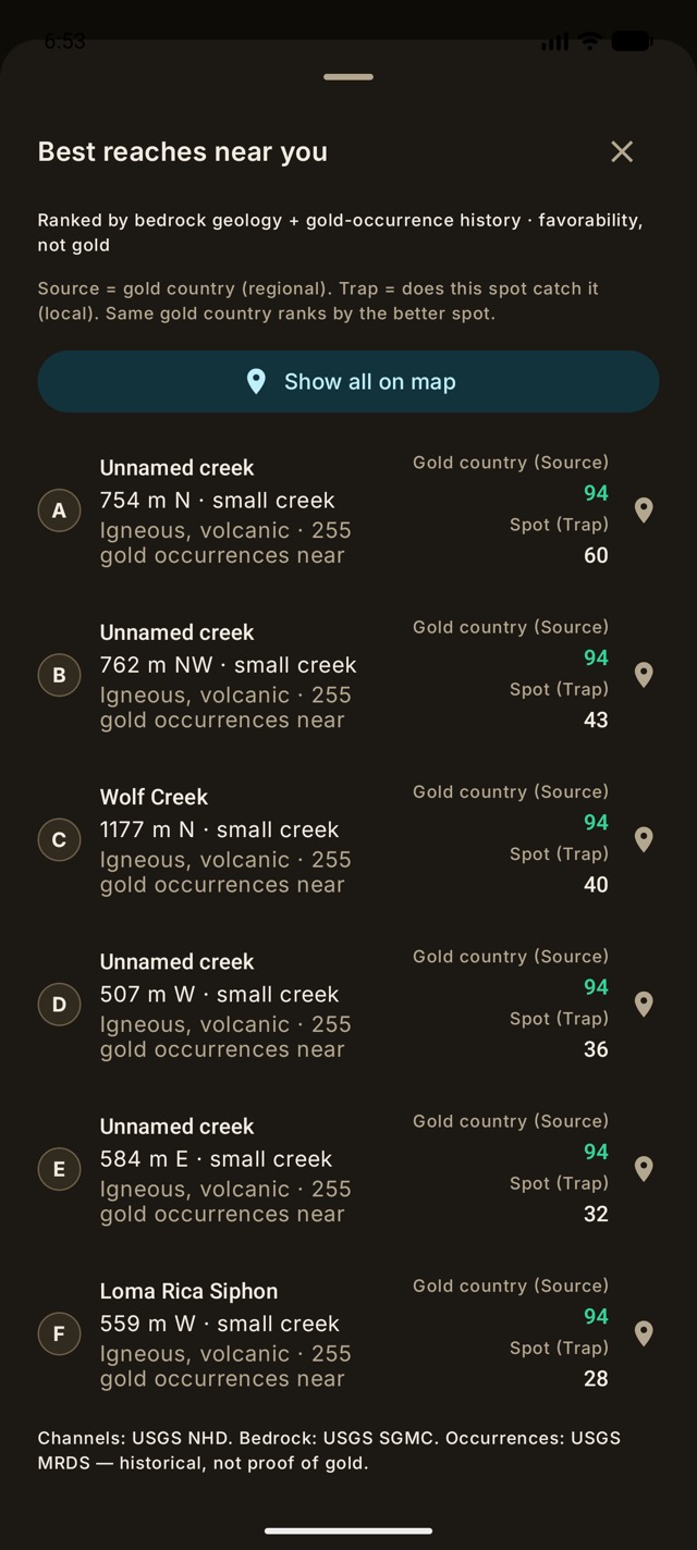 Lodeline's "Best reaches near you" sheet in Sierra gold country: six real creeks ranked A–F (including Wolf Creek and Loma Rica Siphon), each with its Gold country and Spot score, distance and direction, and the footer "Channels: USGS NHD. Bedrock: USGS SGMC. Occurrences: USGS MRDS — historical, not proof of gold."